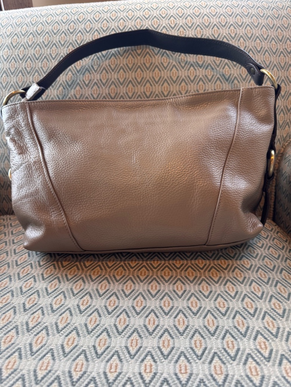 Sundance Taupe and Brown Pebbled Italian Leather Brass Hardware Shoulder Bag